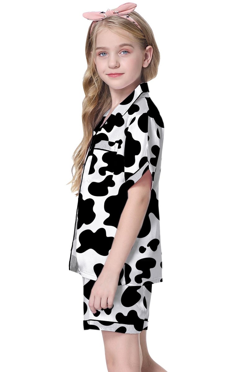 Schbbbta Women Silk Pajamas Set Short Sleeve Cow Sleepwear Soft Satin Button Down Pjs Loungewear, Cow Print, X-Small - Image 3