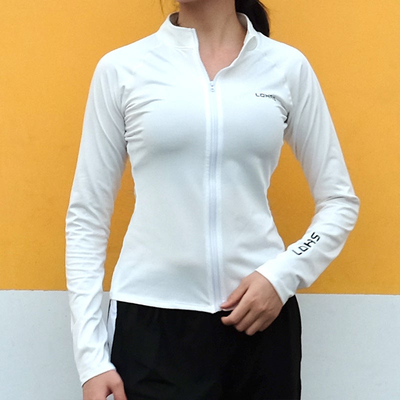 Generic Changyue New Yoga Clothes Womens Running Fitness Quick-drying Slim-fit Long-sleeved Jacket with Vertical Collar Printing Sports Casual Blouse White.  - Image 1