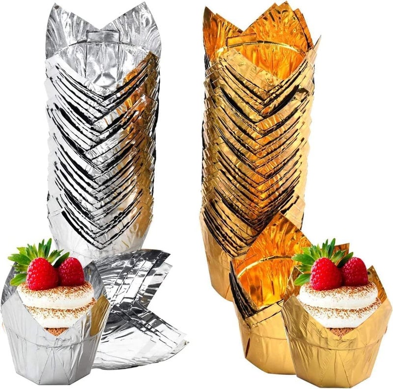 Luckam 100 Pcs Baking Paper Cups, Silver & Gold Tulip Muffin Liners for Medium Large Cupcakes, Suitable for Party & Birthday Celebrations - Image 1