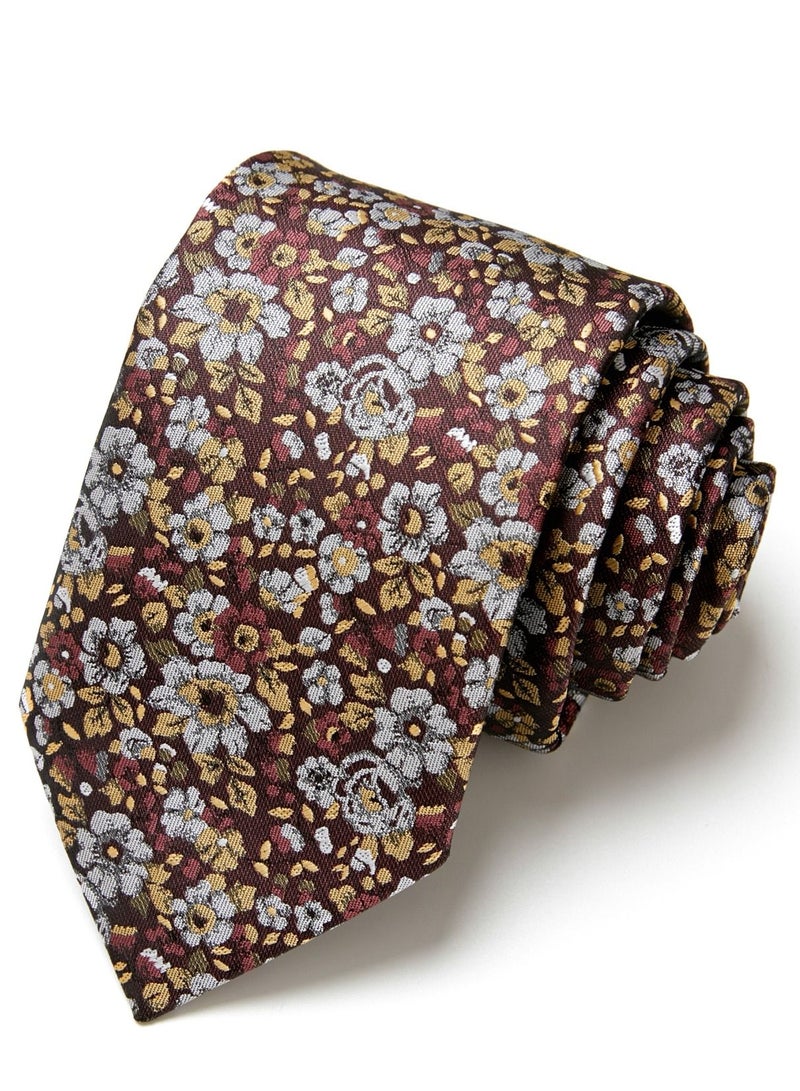 Floral Printed Polyester Necktie Brown