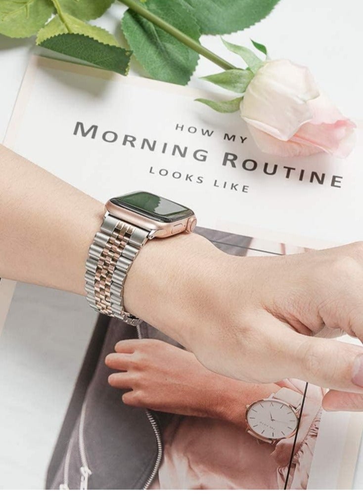 إلترازون Replacement Band Compatible with Apple Watch 45mm / 44mm / 42mm, Stainless Steel Solid Strap Metal Bracelet for Apple Watch Series 7 6 5 4 3 2 SE (Silver + Rose Gold) - Image 2