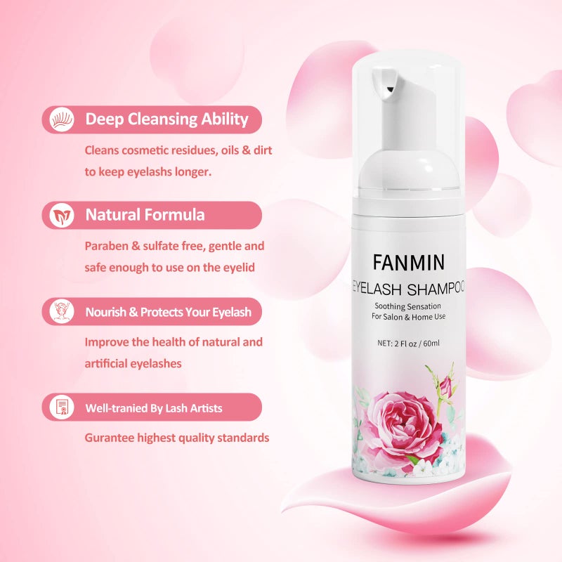 Fanmin Eyelash Extension Cleanser 60ml +Mascara Wand+ Brush Eyelid Foaming Cleanser,Eyelash Wash and Lash Bath for Extensions,Paraben & Sulfate Free,Makeup Remover,Salon and Home useï¼ˆ60ml/2fl.ozï¼‰ - Image 2