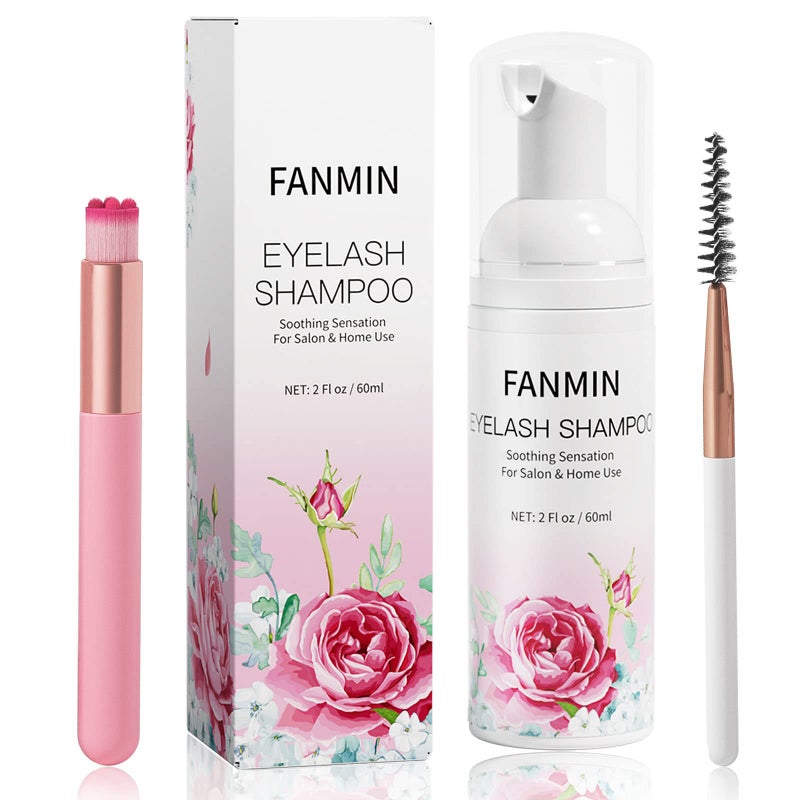 Fanmin Eyelash Extension Cleanser 60ml +Mascara Wand+ Brush Eyelid Foaming Cleanser,Eyelash Wash and Lash Bath for Extensions,Paraben & Sulfate Free,Makeup Remover,Salon and Home useï¼ˆ60ml/2fl.ozï¼‰ - Image 1