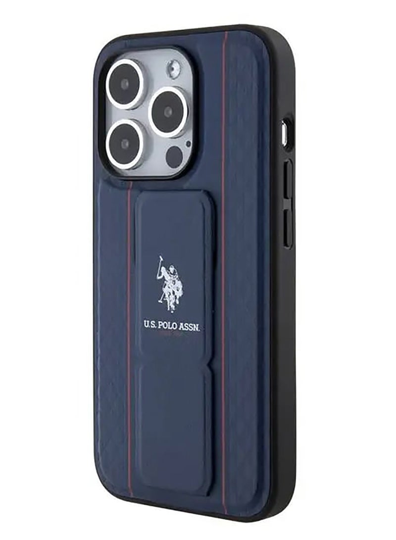 يو اس بولو حافظة صلبة بفتحة بطاقة PU لهاتف آيفون 15 برو ماكس - أزرق - Image 1