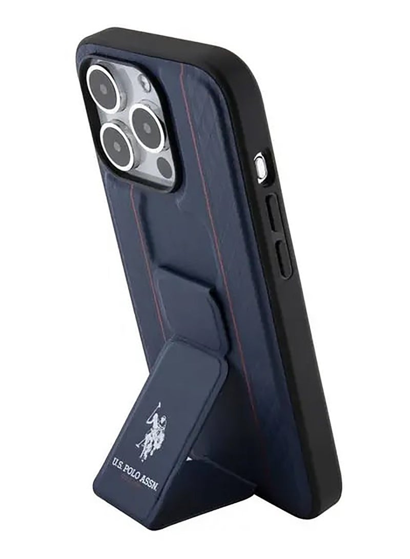 يو اس بولو حافظة صلبة بفتحة بطاقة PU لهاتف آيفون 15 برو ماكس - أزرق - Image 4