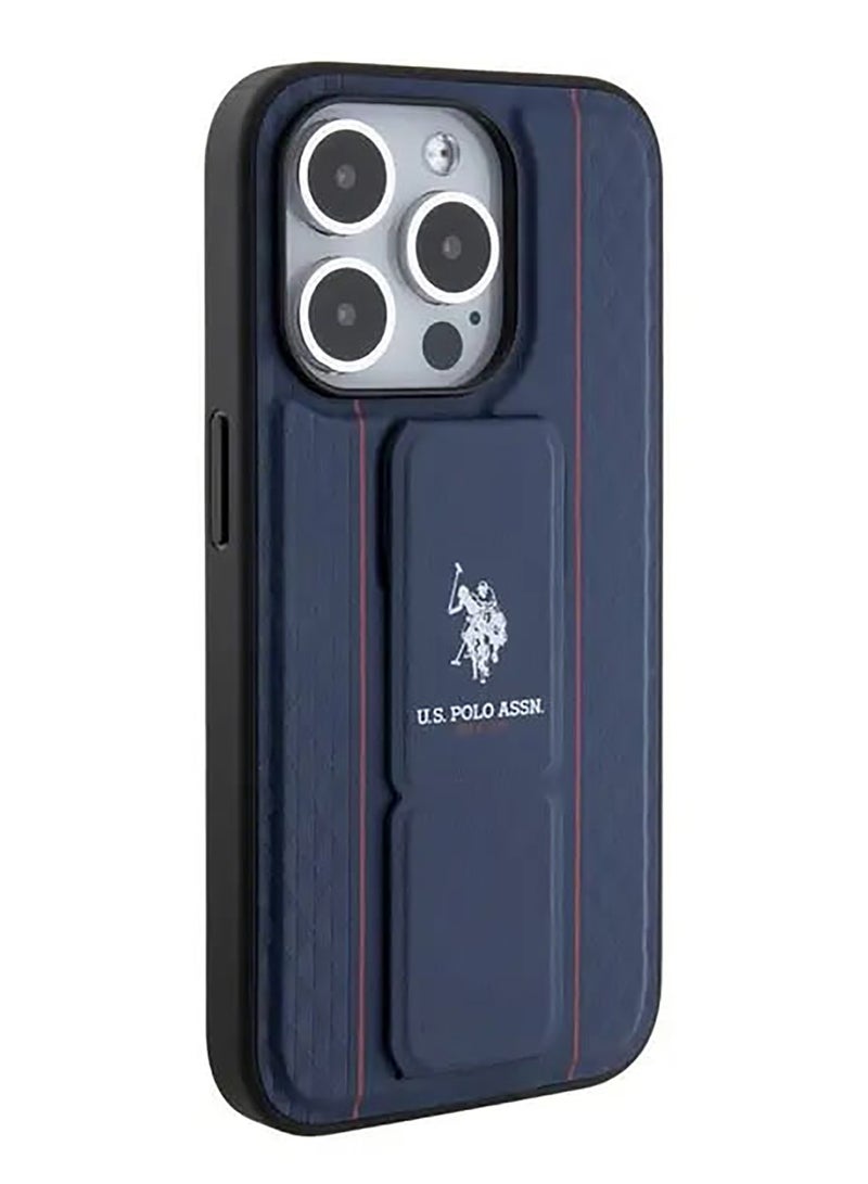 يو اس بولو حافظة صلبة بفتحة بطاقة PU لهاتف آيفون 15 برو ماكس - أزرق - Image 3