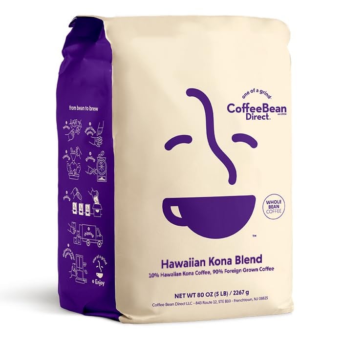 Coffee Bean Direct Hawaiian Kona Blend Whole Bean Coffee Light Roast 5 Pound Bag Pack of 1