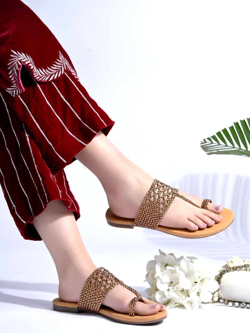 Shoetopia Chic Stylish Kolhapuri Flats for Women & Girls|Cushioned Footbed |Casual, Ethnic, Party, Wedding, Festive Wear - Image 3