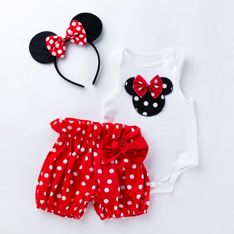 Girls Cartoon Heart Sleeveless Romper and Polka Dot Shorts Set Big Red-Cartoon Mouse 