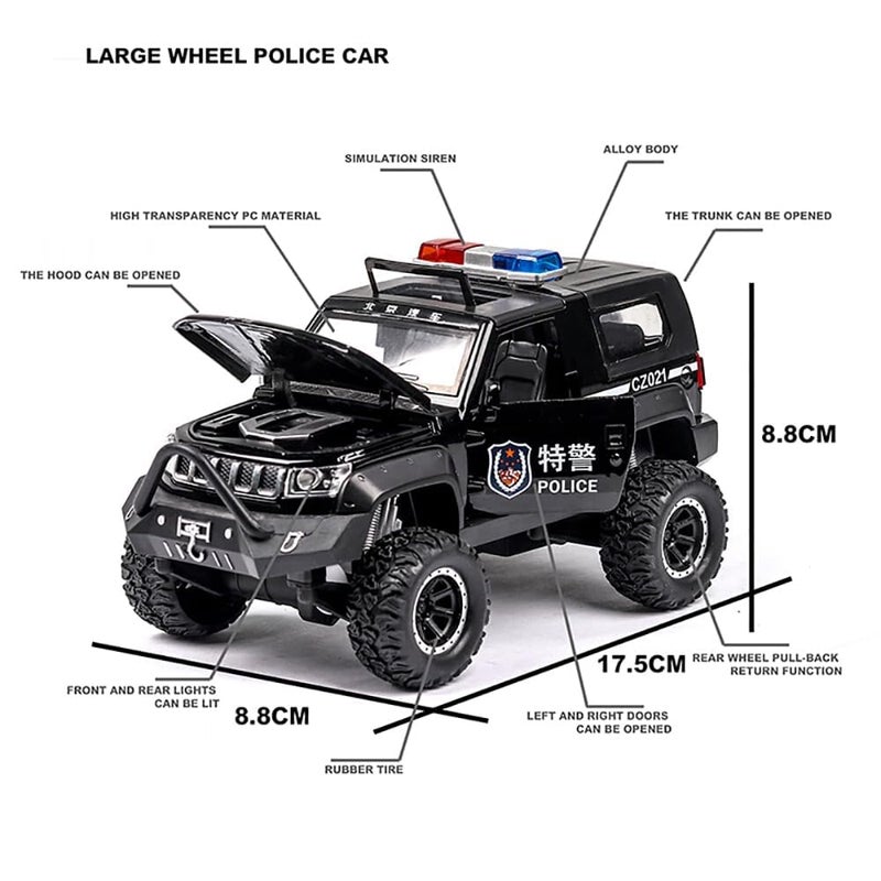 DEOXY سيارة شرطة جيب معدنية مصنوعة من الصب 1:32 للأطفال، سيارة سحب معدنية مع أبواب قابلة للفتح، موسيقى وضوء، هدايا للأولاد، ألعاب للأطفال - Image 2