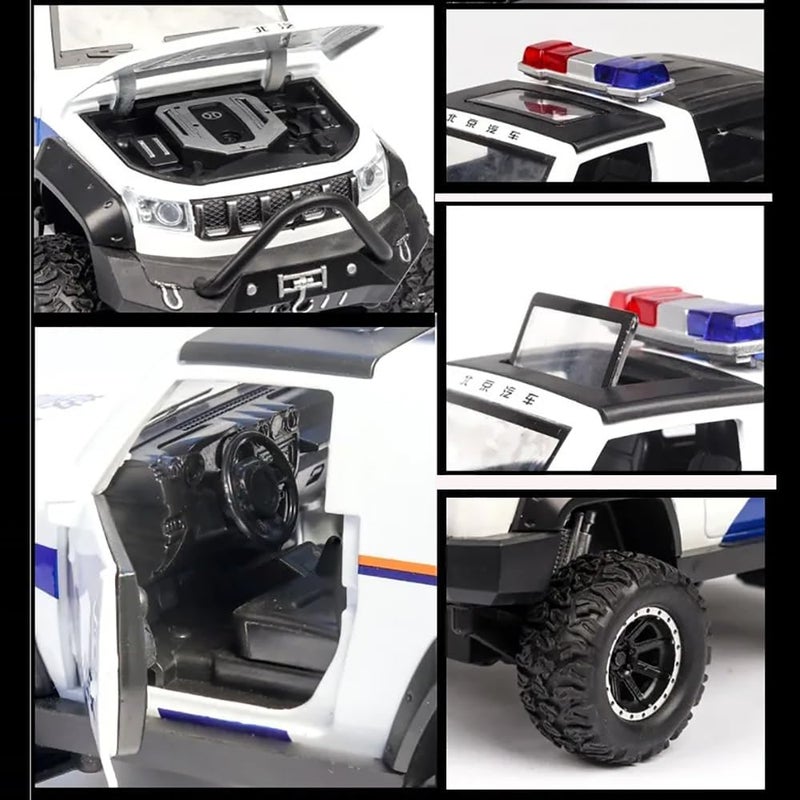 DEOXY سيارة شرطة جيب معدنية مصنوعة من الصب 1:32 للأطفال، سيارة سحب معدنية مع أبواب قابلة للفتح، موسيقى وضوء، هدايا للأولاد، ألعاب للأطفال - Image 4