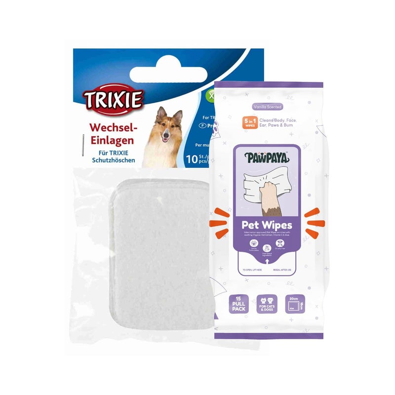 Trixie Combo of Trixie Pads for Protective Pants Designed for Dogs Perfect for House Training 10pcs, (XS)- 1 Pack and Pawpaya Every Day Pet Wipes Made for All Cats and Dogs-15 Pull Pack - Image 1
