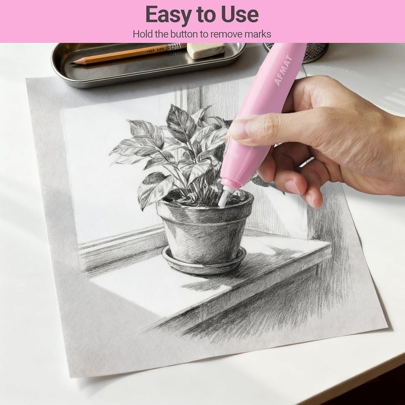 AFMAT Electric Eraser, with 140 Eraser Refills, Rechargeable Pencil Erasers for Artists, Electric Erasers for Drafting, Drawing, Painting, Sketching, Architectural Plans, Detailer Tool EE04(Pink) - Image 2