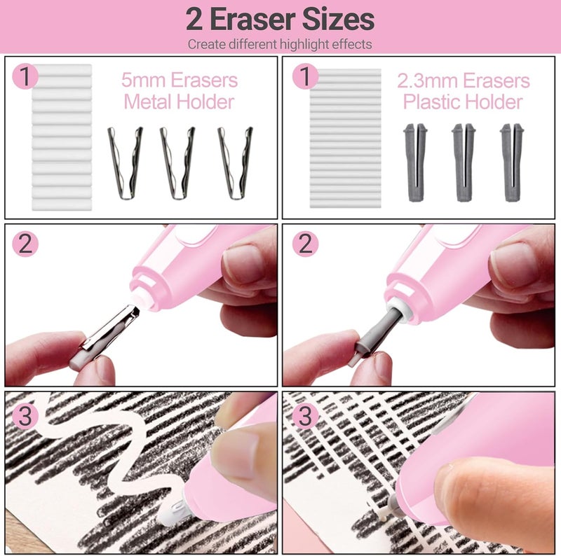 AFMAT Electric Eraser, with 140 Eraser Refills, Rechargeable Pencil Erasers for Artists, Electric Erasers for Drafting, Drawing, Painting, Sketching, Architectural Plans, Detailer Tool EE04(Pink) - Image 3