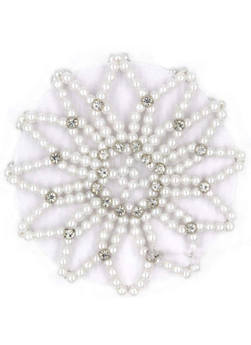 Teensery Teensery Hair Bun Cover Elastic Handmade Crochet Pearl Rhinestone Hair Snood Hair Net Hair Accessories for Women and Girls Ballet Dance Skating White 1 Count 