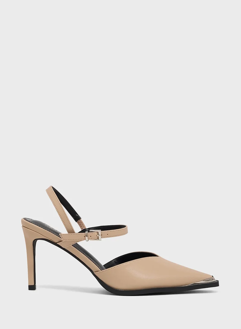 ايلا High Heel Ankle Strap Pump With Metallic Trim