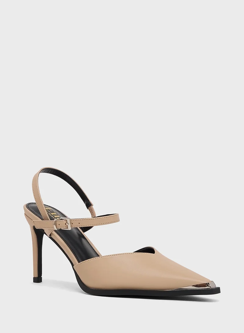 ايلا High Heel Ankle Strap Pump With Metallic Trim