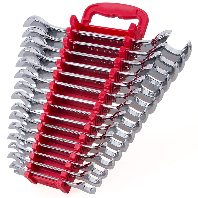 EFFICERE 15-Piece Premium Angle Head Open End Wrench Set, Chrome Vanadium Steel, Mirror Chrome Finish | Include Metric Sizes 10, 11, 12, 13, 14, 15, 16, 17, 18, 19, 20, 21, 22, 23, 24mm with Storage Rack - Image 1