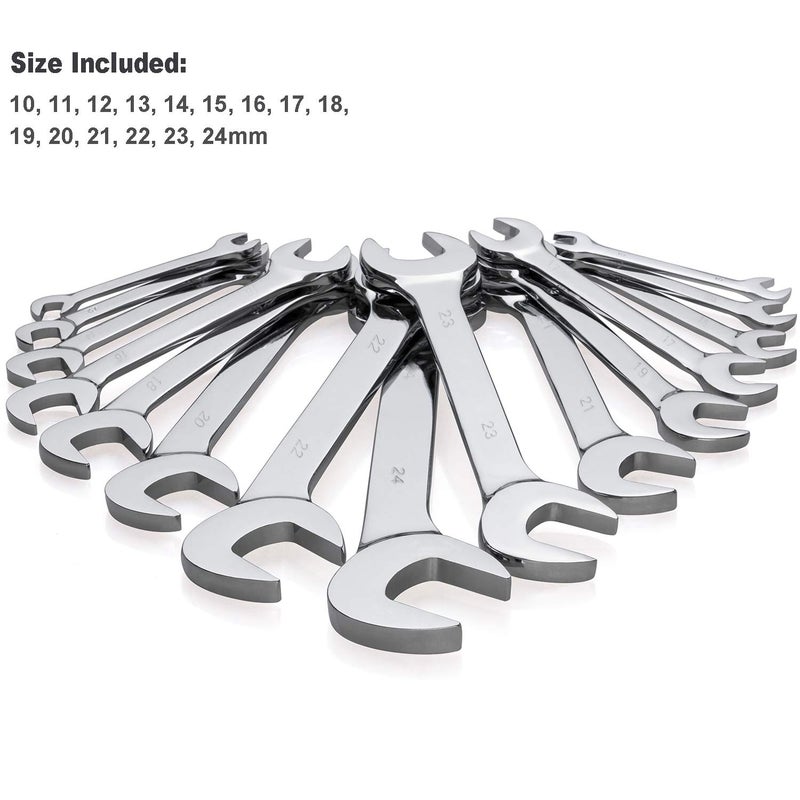 EFFICERE 15-Piece Premium Angle Head Open End Wrench Set, Chrome Vanadium Steel, Mirror Chrome Finish | Include Metric Sizes 10, 11, 12, 13, 14, 15, 16, 17, 18, 19, 20, 21, 22, 23, 24mm with Storage Rack - Image 3