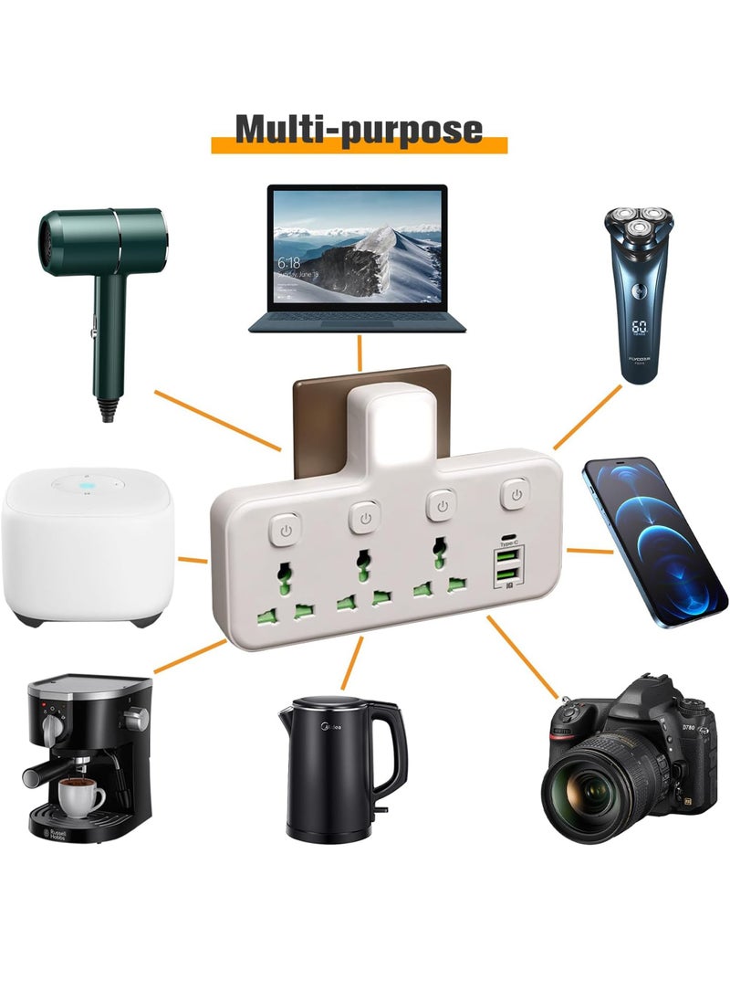 Multi Plug Extension Socket Adapter, Universal Extension Power Adapter With 2 USB-A & 1 USB-C(Fast Charger Ports),Extender Wall Charge Socket 3 Way Adaptor,with Night Light,For Home,Office