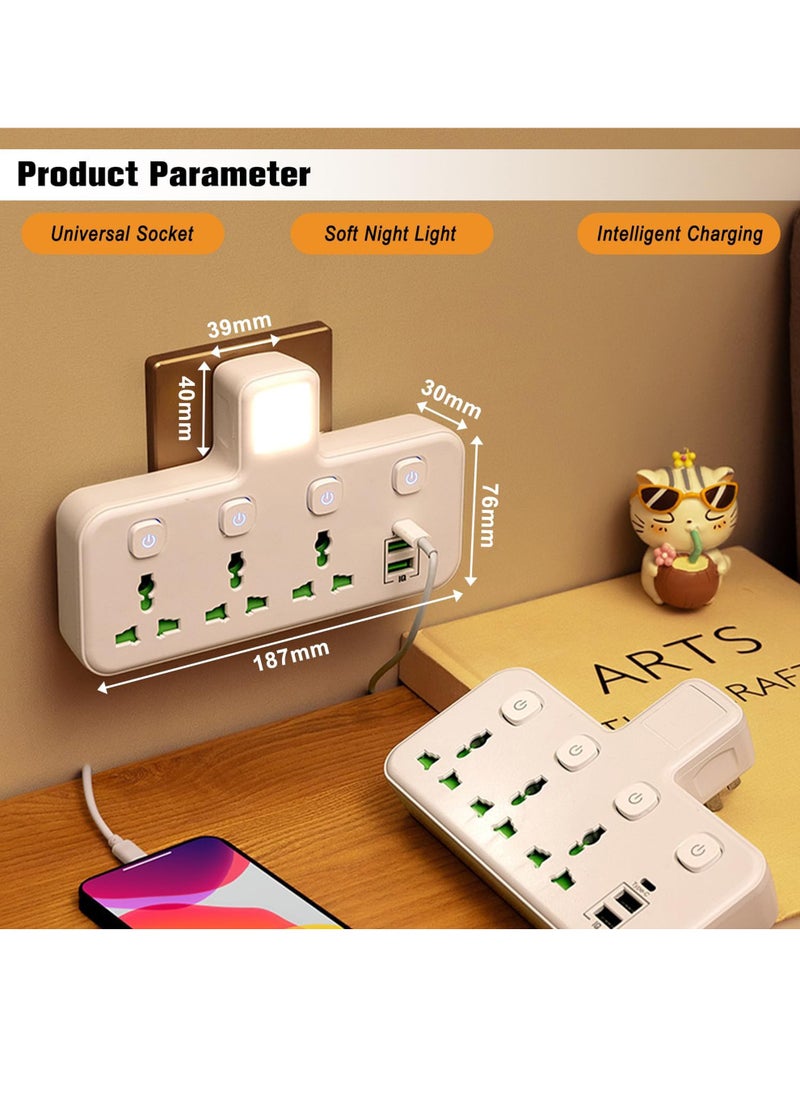 Multi Plug Extension Socket Adapter, Universal Extension Power Adapter With 2 USB-A & 1 USB-C(Fast Charger Ports),Extender Wall Charge Socket 3 Way Adaptor,with Night Light,For Home,Office