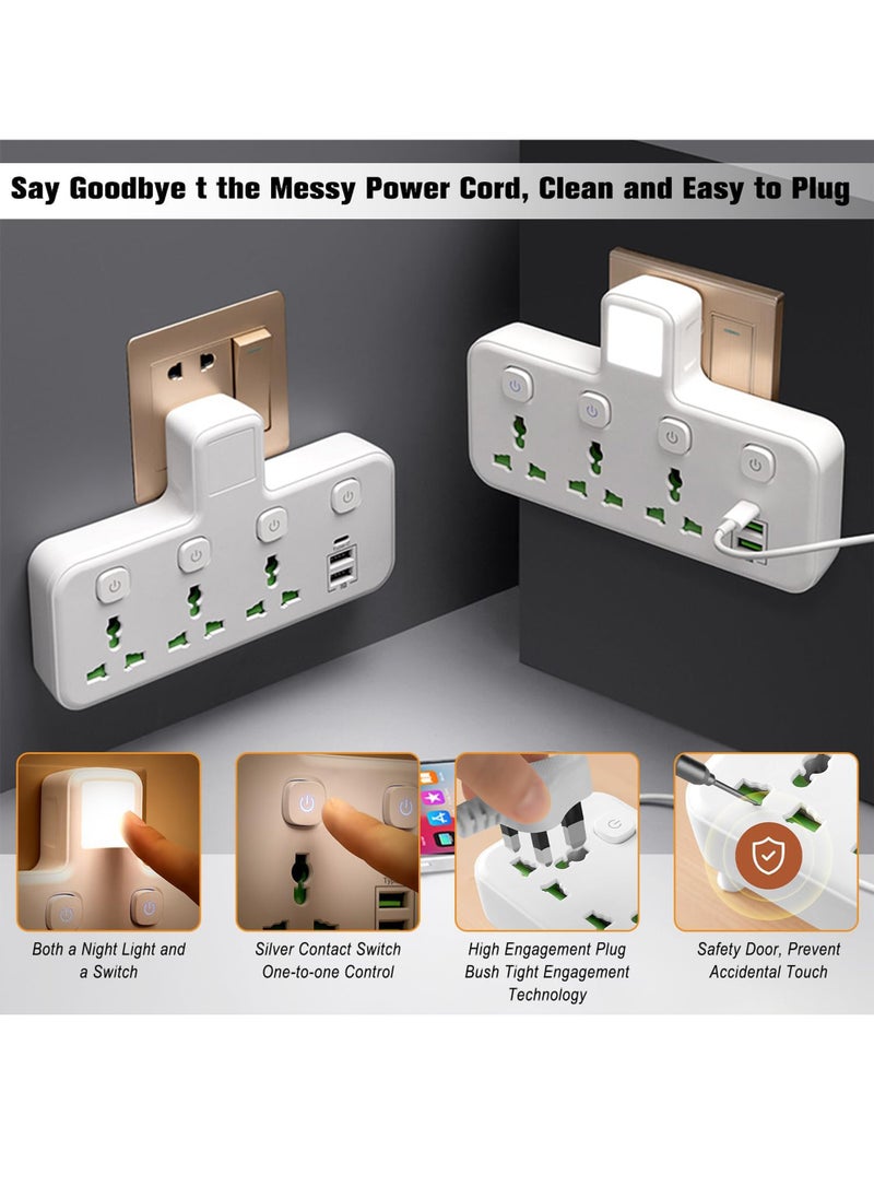 Multi Plug Extension Socket Adapter, Universal Extension Power Adapter With 2 USB-A & 1 USB-C(Fast Charger Ports),Extender Wall Charge Socket 3 Way Adaptor,with Night Light,For Home,Office