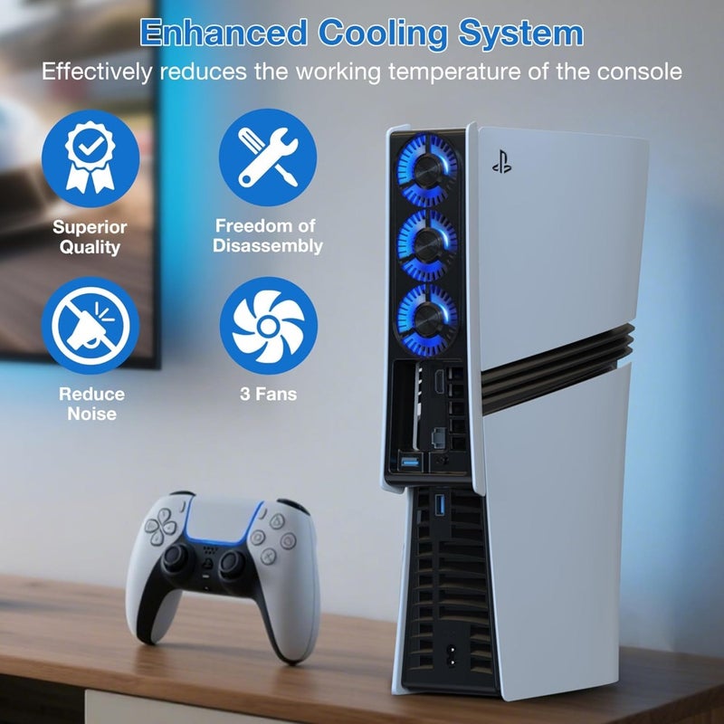 Cooling Fan For PS5 Pro Console Quiet Triple Fan Cooler With Adjustable Speed Auto On/Off USB 3.0 Port Blue LED Light Compatible With PlayStation 5 Pro Digital And Disc Edition - Image 2