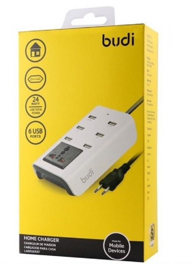 budi Portable Adapter With 6-USB Ports White - Image 1