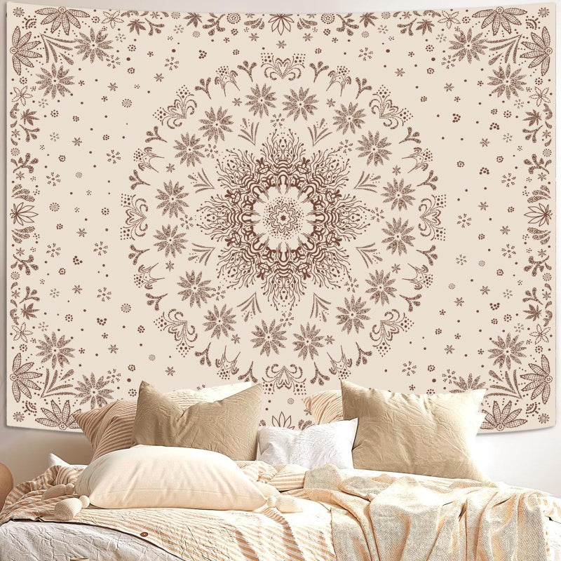 Fowocu Boho Floral Mandala Tapestry Wall Hanging Bohemian Flower Medallion Tapestry Aesthetic Beige Brown Hippie Indian Small Tapestries for Bedroom Living Room Dorm Decor 40 x 30 Inch - Image 1