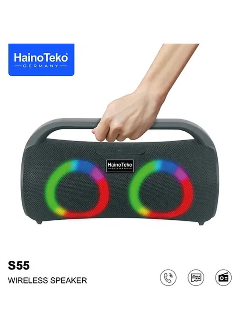 Haino Teko - Haino Teko Germany S55 Portable Wireless Bluetooth Speaker Black with Powerful Bass, LED Lights, FM Radio, USB & Memory Card Support, Rechargeable, Compact Travel Design, Hands-Free Calling, Loud Sound, Bluetooth 5.0, Indoor Outdoor Use, Party Speaker, German Audio Quality - Image 1