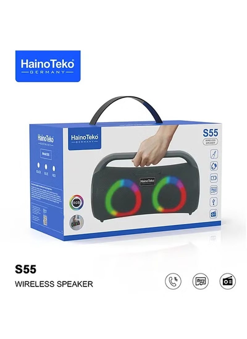 Haino Teko - Haino Teko Germany S55 Portable Wireless Bluetooth Speaker Black with Powerful Bass, LED Lights, FM Radio, USB & Memory Card Support, Rechargeable, Compact Travel Design, Hands-Free Calling, Loud Sound, Bluetooth 5.0, Indoor Outdoor Use, Party Speaker, German Audio Quality - Image 1