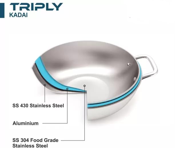 Bluline BLULINE Triply Stainless Steel Kadai with Lid (22cm, 2L) | 2.5 mm Thick | Triply Kadai with Heavy Bottom | Induction Friendly Triply Stainless Steel Cookware Kadhai | 5 Year Warranty - Image 2