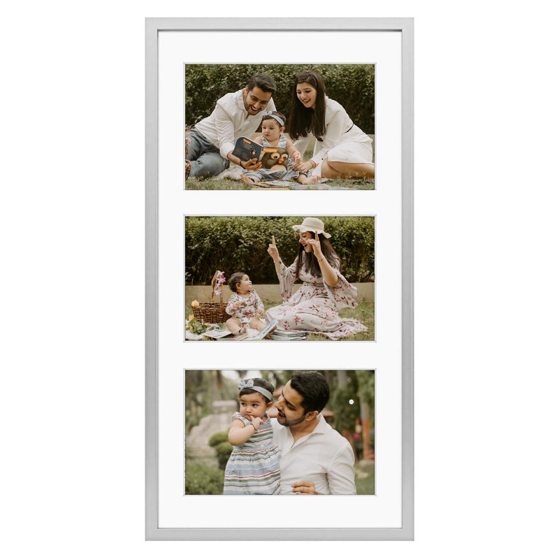 Frametory - 7x14 Aluminum Collage Picture Frame - Display 4x6 Pictures with 3 Openings Mat - Real Glass Front - Horizontal/Vertical Wall Mount - Silver 1 Pack - Image 1