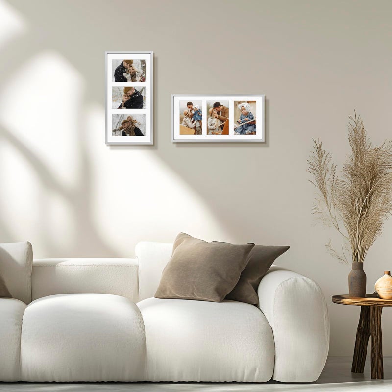 Frametory - 7x14 Aluminum Collage Picture Frame - Display 4x6 Pictures with 3 Openings Mat - Real Glass Front - Horizontal/Vertical Wall Mount - Silver 1 Pack - Image 2