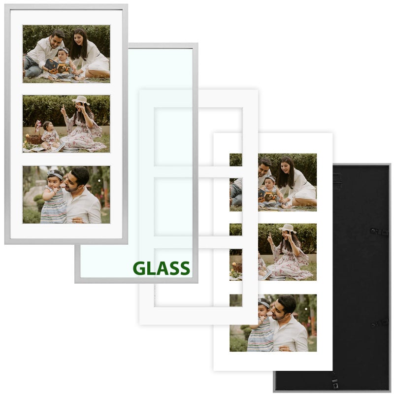 Frametory - 7x14 Aluminum Collage Picture Frame - Display 4x6 Pictures with 3 Openings Mat - Real Glass Front - Horizontal/Vertical Wall Mount - Silver 1 Pack - Image 3