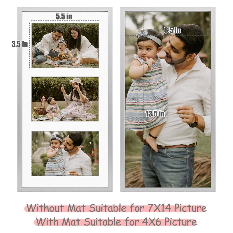 Frametory - 7x14 Aluminum Collage Picture Frame - Display 4x6 Pictures with 3 Openings Mat - Real Glass Front - Horizontal/Vertical Wall Mount - Silver 1 Pack - Image 4