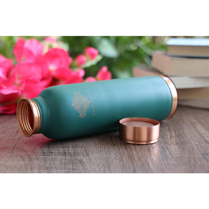 INDIAN ART VILLA INDIAN ART VILLA Copper Lacquer Coated Silk Finish Leak Proof Ergonomic Design Bottle in Green Color 900 ml Pack of 2  - Image 2