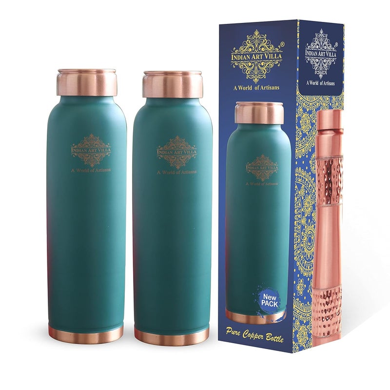 INDIAN ART VILLA INDIAN ART VILLA Copper Lacquer Coated Silk Finish Leak Proof Ergonomic Design Bottle in Green Color 900 ml Pack of 2  - Image 1