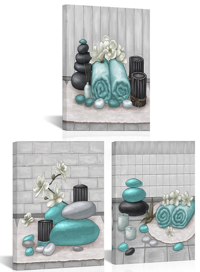 RnnJoile Spa Canvas Wall Art Zen Stone Orchid Picture Painting Teal Still Life Prints for Bathroom Zen Meditation Room Decor Framed 12"x16" for Each - Image 1