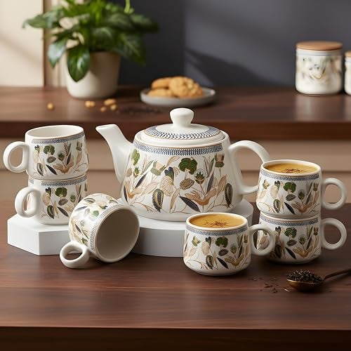 CRAF10 Handcrafted Ceramic Botanic Gold Teapot Cup Set - 1 Kettle (1 Litre) & 6 Cups (160 ML), Microwave & Dishwasher Safe | Morning Set | Tea Sets with Kettle for Gifting - Image 1