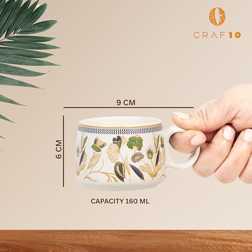 CRAF10 Handcrafted Ceramic Botanic Gold Teapot Cup Set - 1 Kettle (1 Litre) & 6 Cups (160 ML), Microwave & Dishwasher Safe | Morning Set | Tea Sets with Kettle for Gifting - Image 4