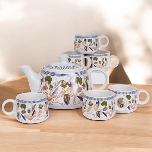 CRAF10 Handcrafted Ceramic Botanic Gold Teapot Cup Set - 1 Kettle (1 Litre) & 6 Cups (160 ML), Microwave & Dishwasher Safe | Morning Set | Tea Sets with Kettle for Gifting - Image 2