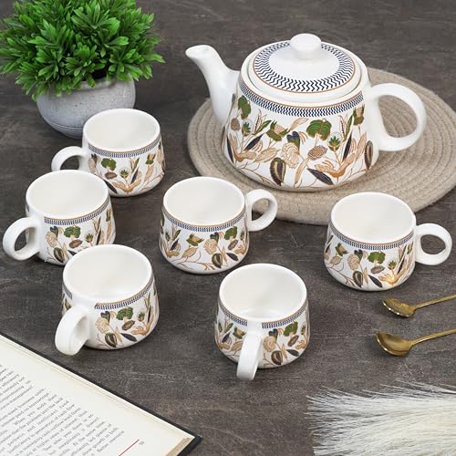CRAF10 Handcrafted Ceramic Botanic Gold Teapot Cup Set - 1 Kettle (1 Litre) & 6 Cups (160 ML), Microwave & Dishwasher Safe | Morning Set | Tea Sets with Kettle for Gifting - Image 3