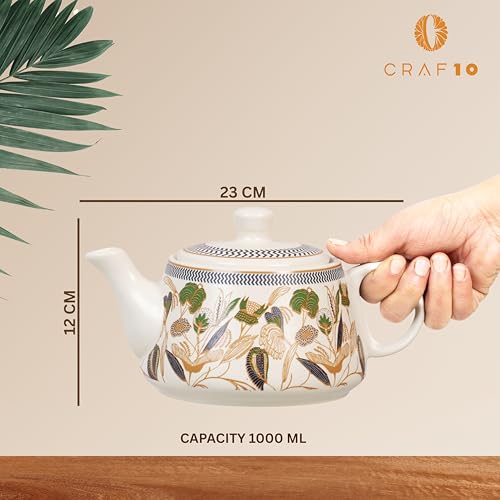 CRAF10 Handcrafted Ceramic Botanic Gold Teapot Cup Set - 1 Kettle (1 Litre) & 6 Cups (160 ML), Microwave & Dishwasher Safe | Morning Set | Tea Sets with Kettle for Gifting - Image 5