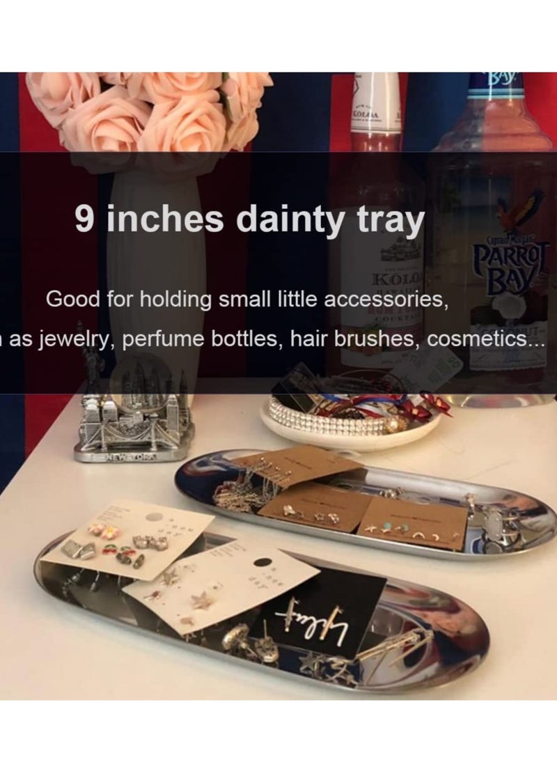 ح واحة 2 حزم من صينية تزيينية من الفولاذ الفائق، طولها 9 بوصة، وعلبة للحرفيات و منظمة للميكب، وعلو serving للتركيب في الحمام، وصينية تخزينية صغيرة، بيضاوية، فضية - Image 3