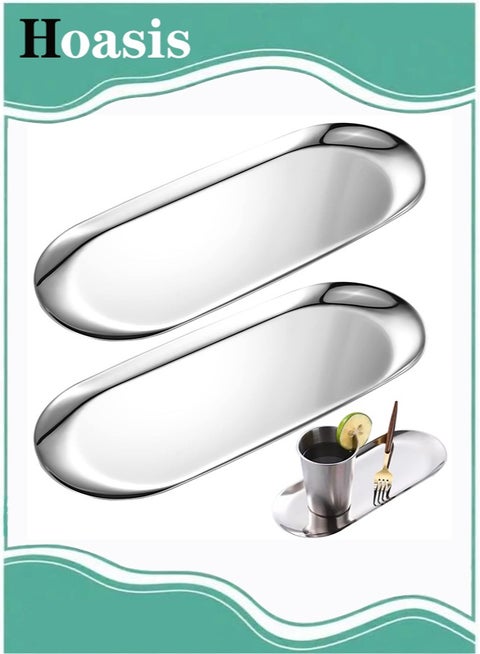 2Packs Stainless Steel Decorative Tray, 9 Inch Long, Jewelry Dish Cosmetics Organizer, Bathroom Clutter Serving Platter, Small Storage Tray, Oval, Silver