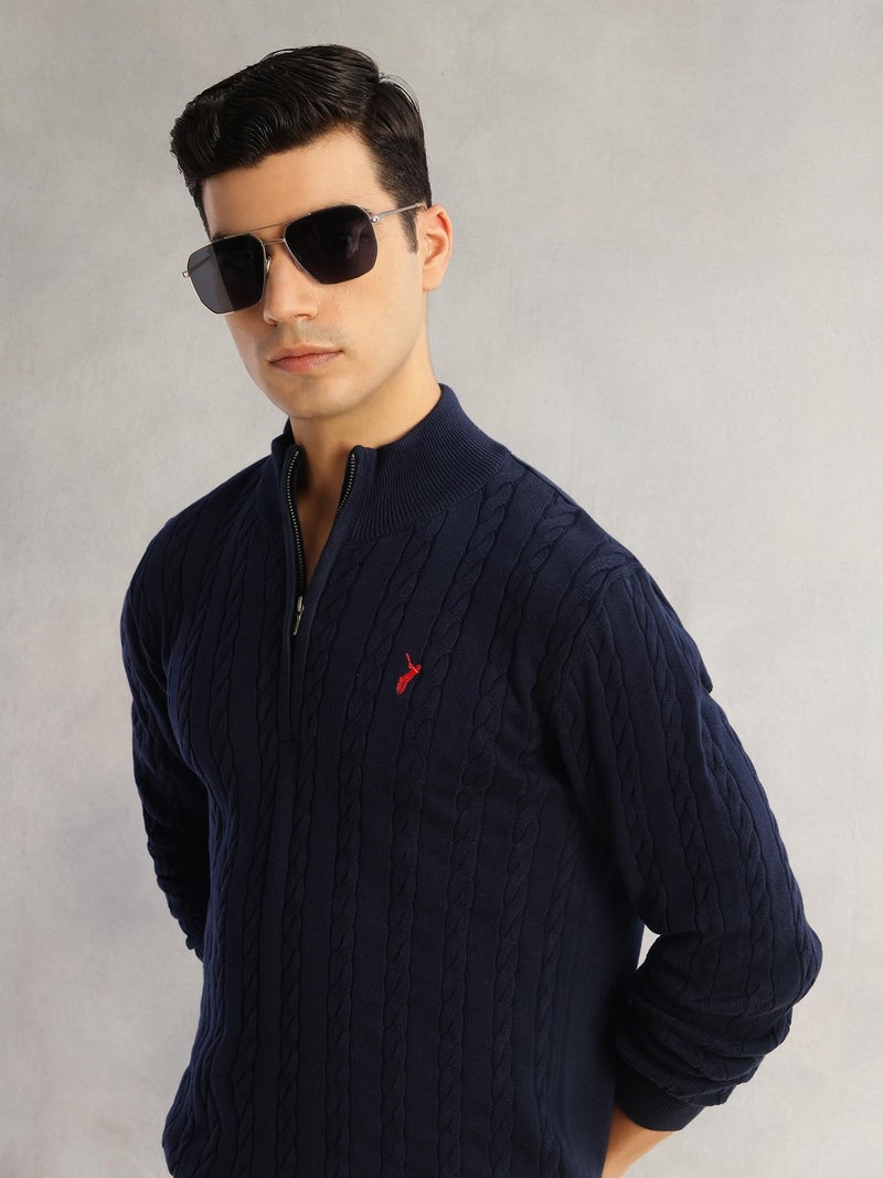 Thomas Scott Men's | Regular Fit | Long Sleeves | Mock Collar | 100% Cotton | Dry Clean | Cable Knit | Knitted | Pullover Sweater (TSFK27_Navy_XL) - Image 2