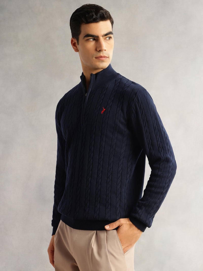 Thomas Scott Men's | Regular Fit | Long Sleeves | Mock Collar | 100% Cotton | Dry Clean | Cable Knit | Knitted | Pullover Sweater (TSFK27_Navy_XL) - Image 3