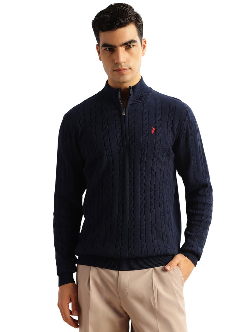 Thomas Scott Men's | Regular Fit | Long Sleeves | Mock Collar | 100% Cotton | Dry Clean | Cable Knit | Knitted | Pullover Sweater (TSFK27_Navy_XL) - Image 1
