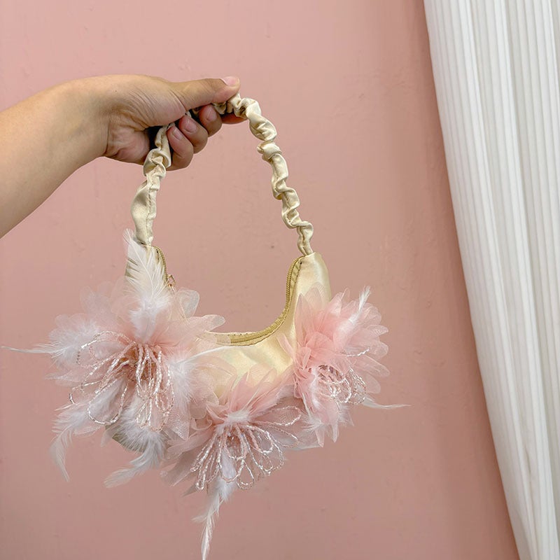 Sweet Socialite Exquisite Temperament Evening Bag Fashion Fresh Feather Flower Beaded Pleated Fashion Portable Underarm Bag - Image 4